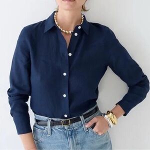 J Crew Perfect Linen Navy Blue Button-Up Shirt